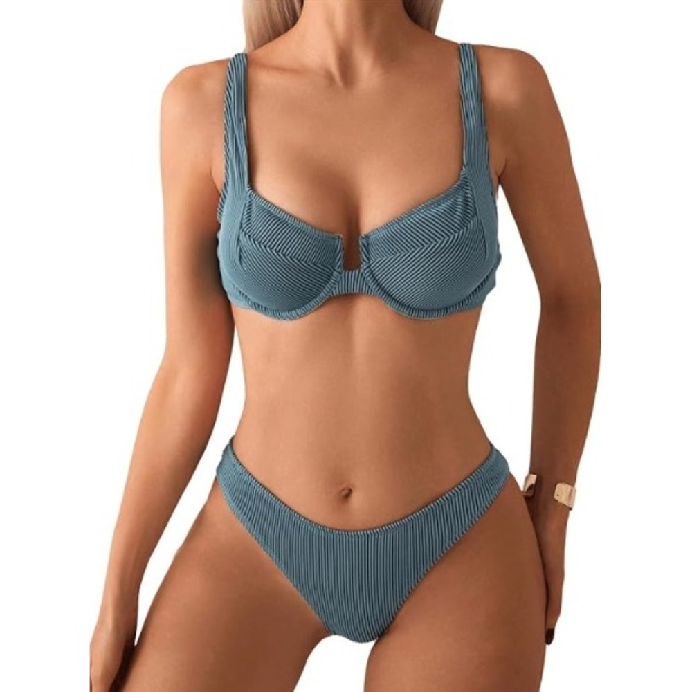 SweatyRocks Ribbed Underwire Bikini Set Dark Green Polyester High Cut Small